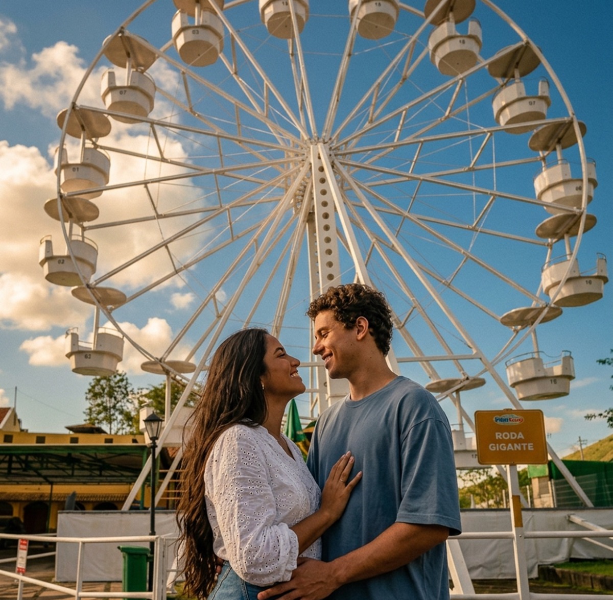 Casal em frente à roda-gigante do Parque Temático Walter World